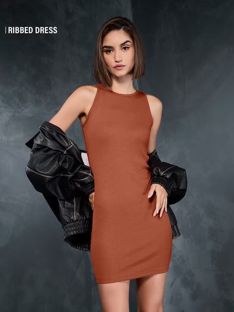 Ribbed Dress: Rust (Solids)