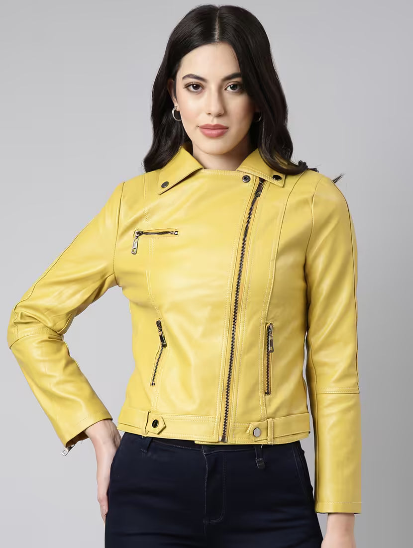 Yellow Leather Bomber Jacket