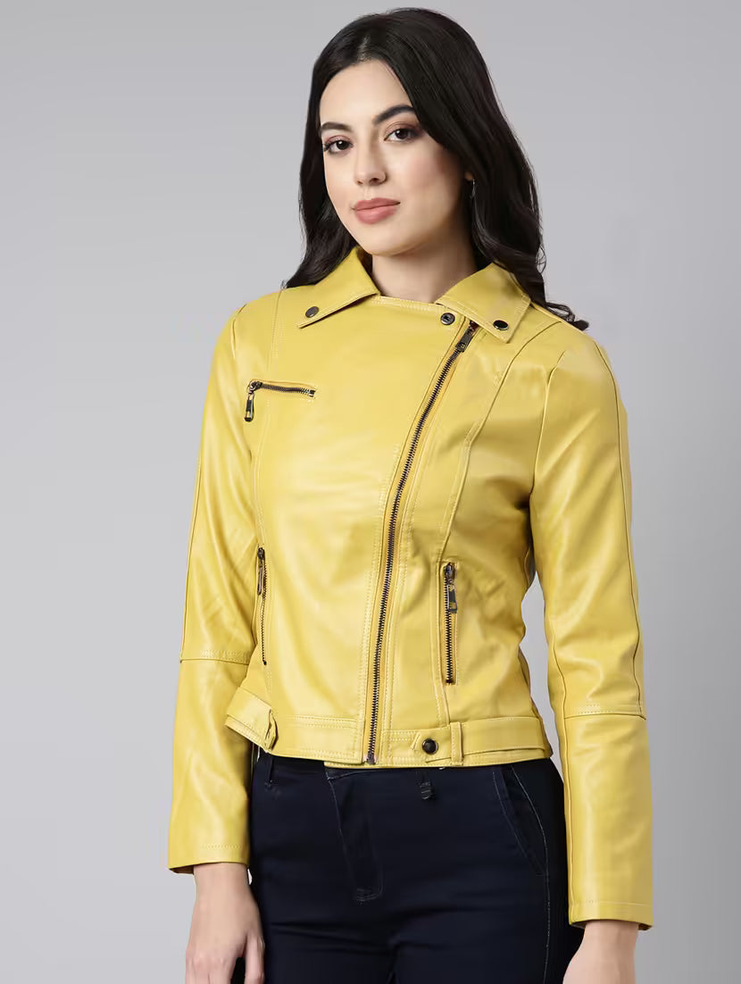 Yellow Leather Bomber Jacket